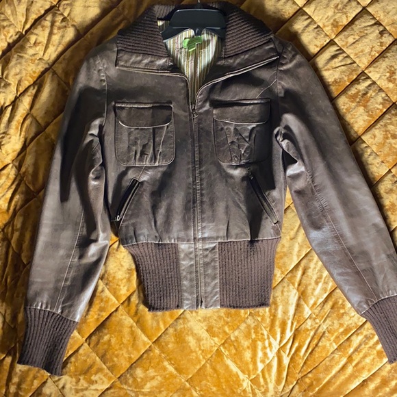 Leather Bomber Jacket with Knit Sleeves and Collar | Color: Brown | Size: S | Ladydbrown's Closet